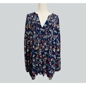 Old Navy Peasant Floral Navy Tunic Top Blouse Cottagecore Boho Flowy Office XXL